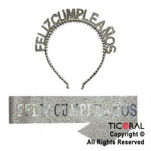 SET VINCHA PLSTICA PERLAS Y BANDA FELIZ CUMPLEAOS GIBRE PLATA X 1